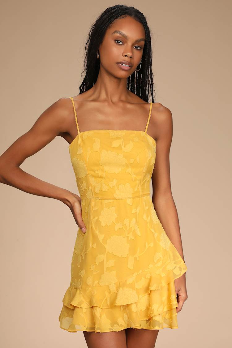 Days with You Golden Yellow Floral Burnout Ruffled Mini Dress