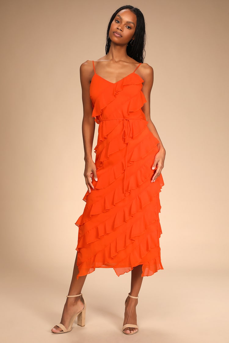 Bright Orange Dress - Ruffled Midi Dress - Tiered Column Dress - Lulus