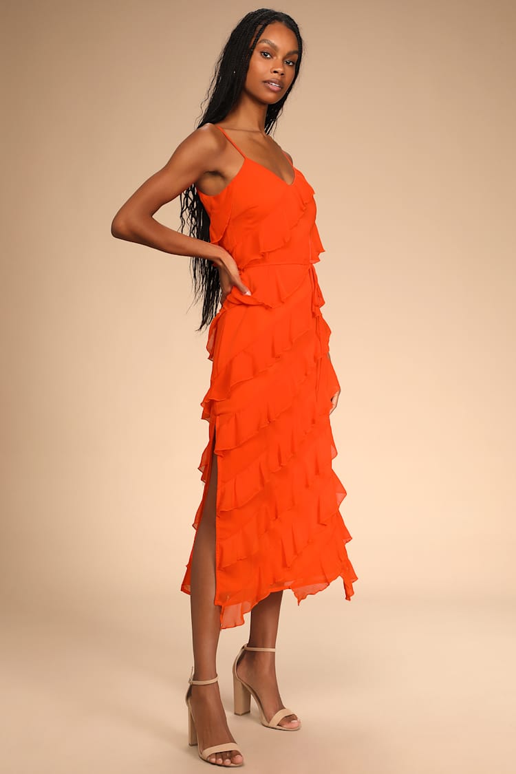 Love the Look Bright Orange Tiered Ruffled Midi Dress