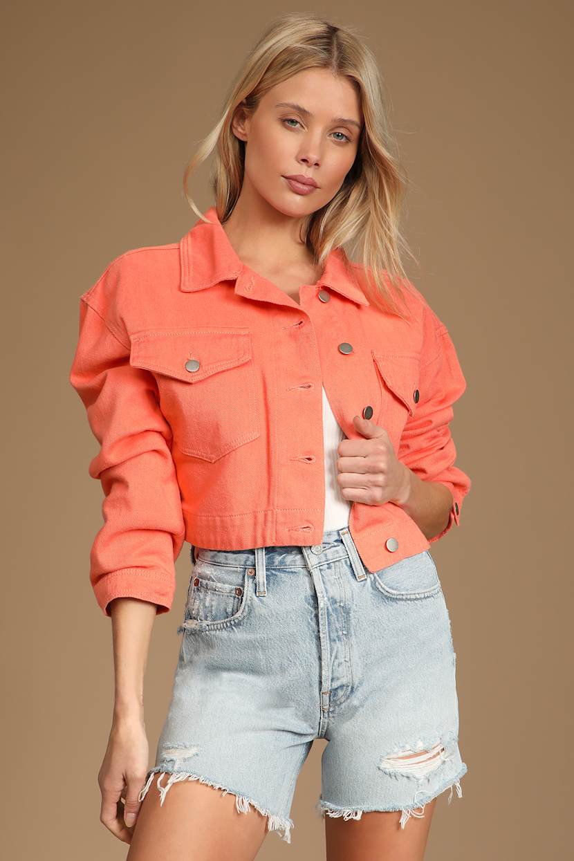 Womens Jacket Bright Orange Cropped Denim Jacket Coral Jacket Twill Jacket  Cropped Twill Jacket Lulus