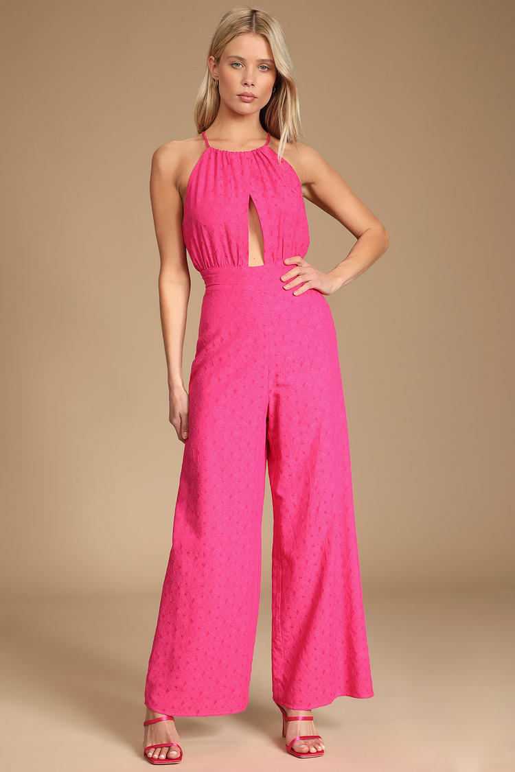 Louis Vuitton Halter Jumpsuit Hot Pink/ Fuchsia Silk Open Back Wide Leg  Large
