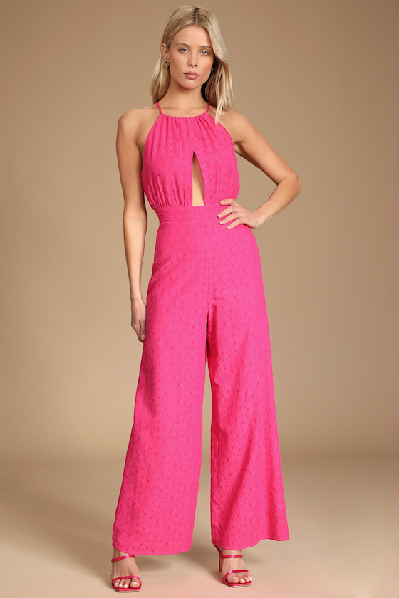 Style That Wows Hot Pink Floral Jacquard Wide-Leg Jumpsuit 2