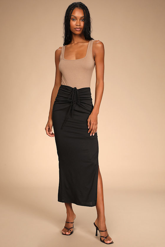 Black Maxi Skirt Cinched Drawstring Skirt Ruched Maxi Skirt Lulus