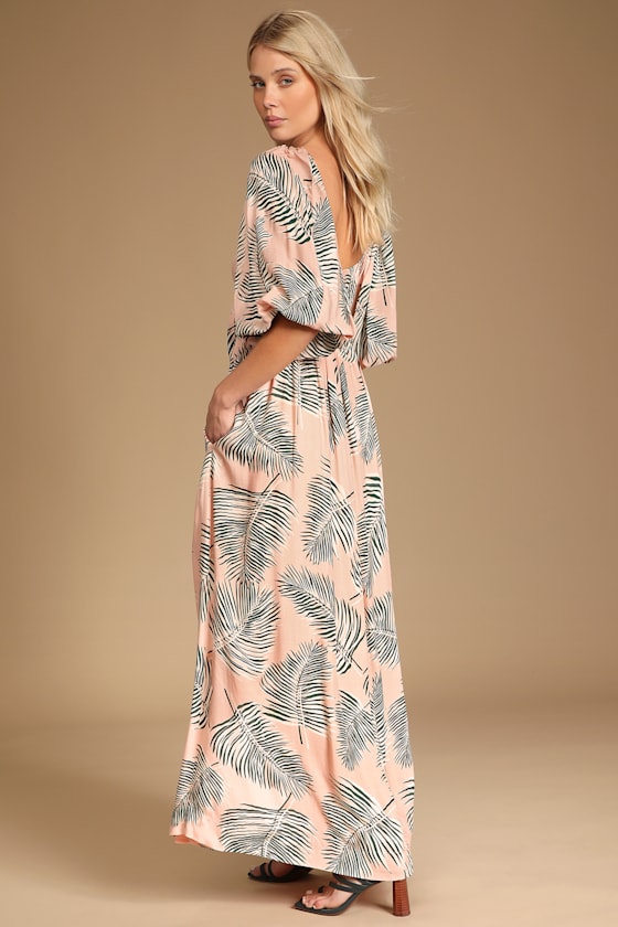 Blush Palm Print Dress - Tie-Front Maxi 