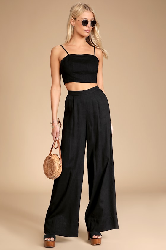 Black Linen Jumpsuit TieBack Jumpsuit TwoPiece Jumpsuit Lulus