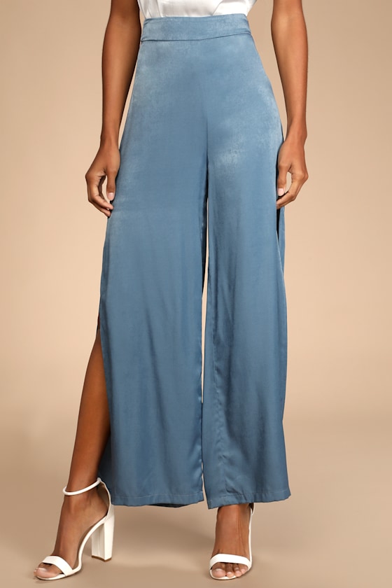 Sophisticated Moves Blue Satin Wide-Leg Side Slit Pants 4