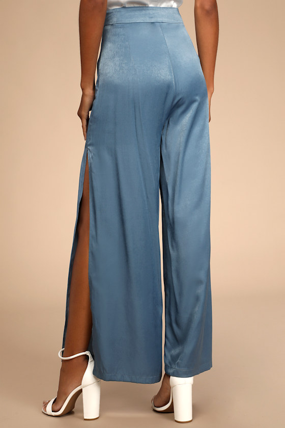 Blue Satin Pants - Wide Leg Pants - Side Slit Pants - Pants