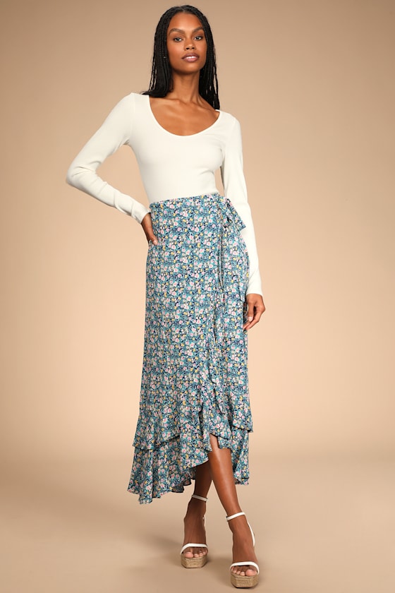 Feeling Breezy Navy Blue Floral Print Ruffled Wrap Midi Skirt 2
