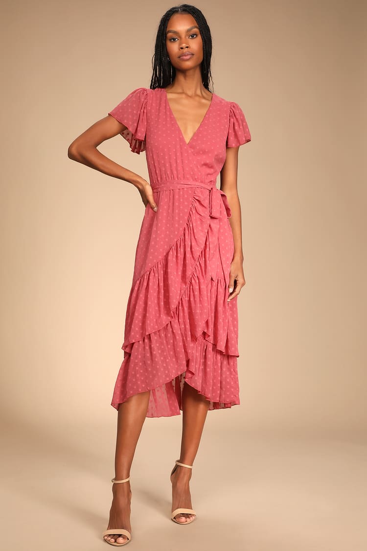 Mauve Midi Dress - Ruffled Midi Dress - Swiss Dot Dress - Lulus