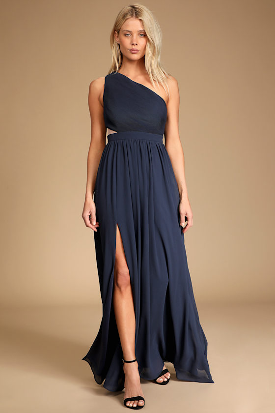 Lovely Endings Navy Blue One-Shoulder Pleated Maxi Dress 3