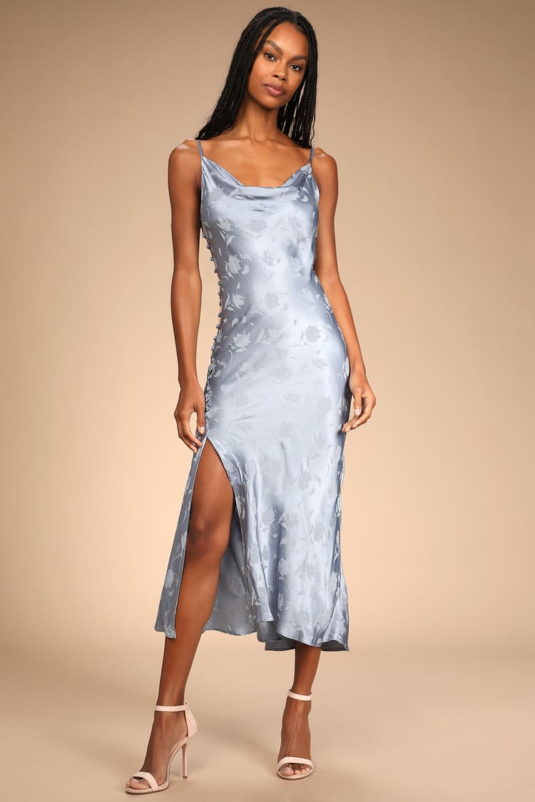 Slate Blue Floral Jacquard Satin Midi Dress | Womens | X-Large (Available in XS, S, M, L) | Lulus