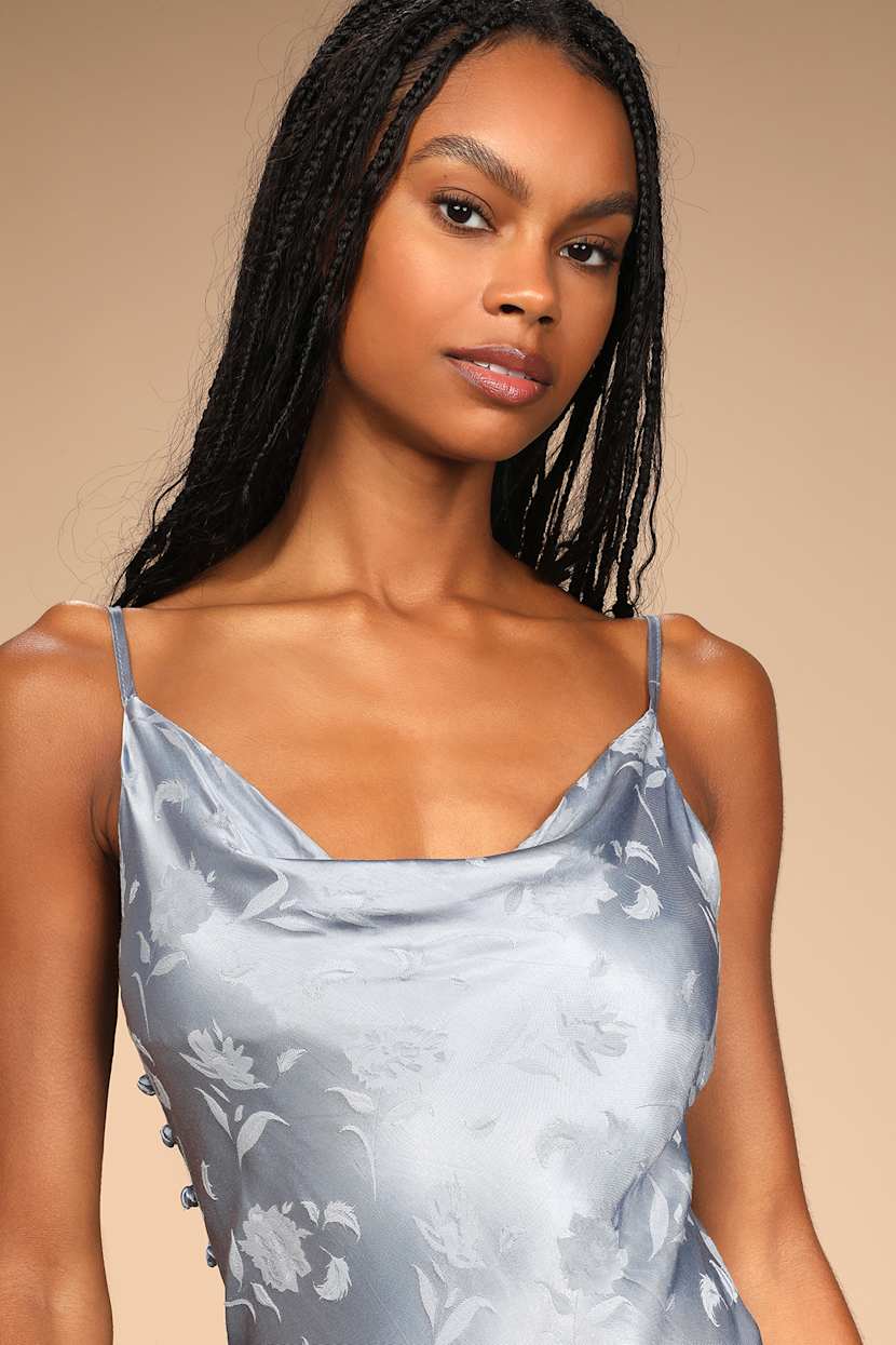 All About You Slate Blue Floral Jacquard Satin Midi Dress