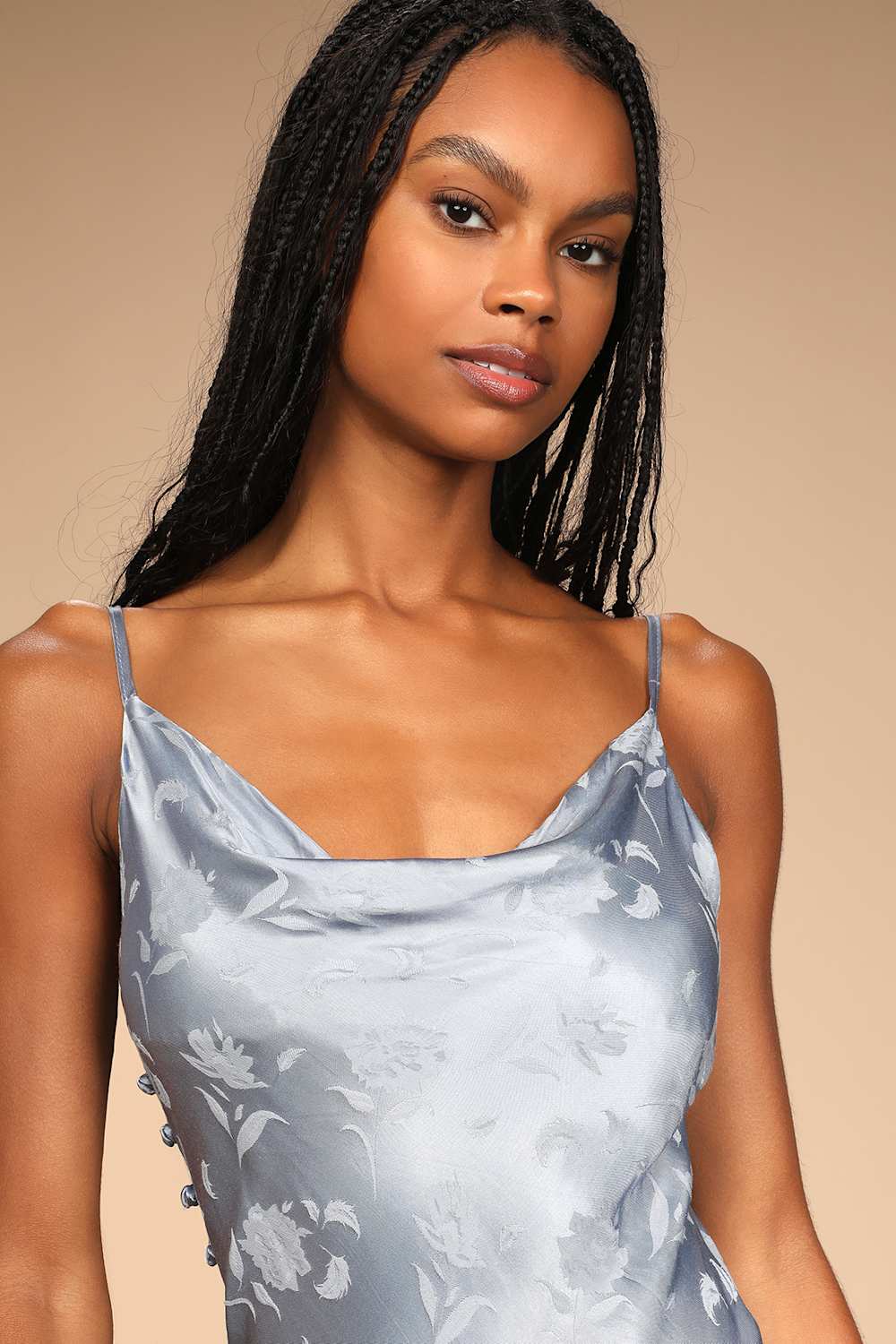 All About You Slate Blue Floral Jacquard Satin Midi Dress