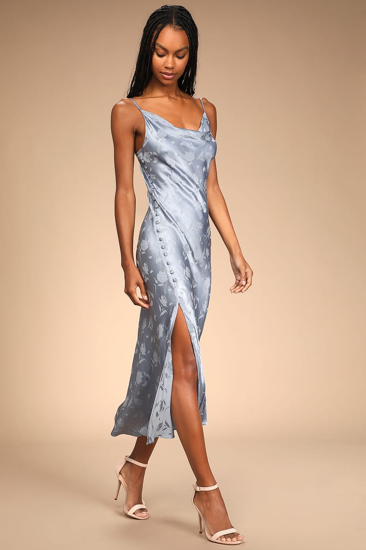 All About You Slate Blue Floral Jacquard Satin Midi Dress