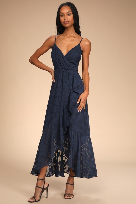 Navy Blue Dress - Floral Jacquard Dress - High-Low Dress - Lulus