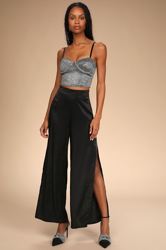 Sophisticated Moves Black Satin Wide-Leg Side Slit Pants 4