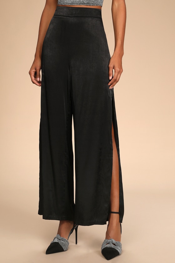 Sophisticated Moves Black Satin Wide-Leg Side Slit Pants