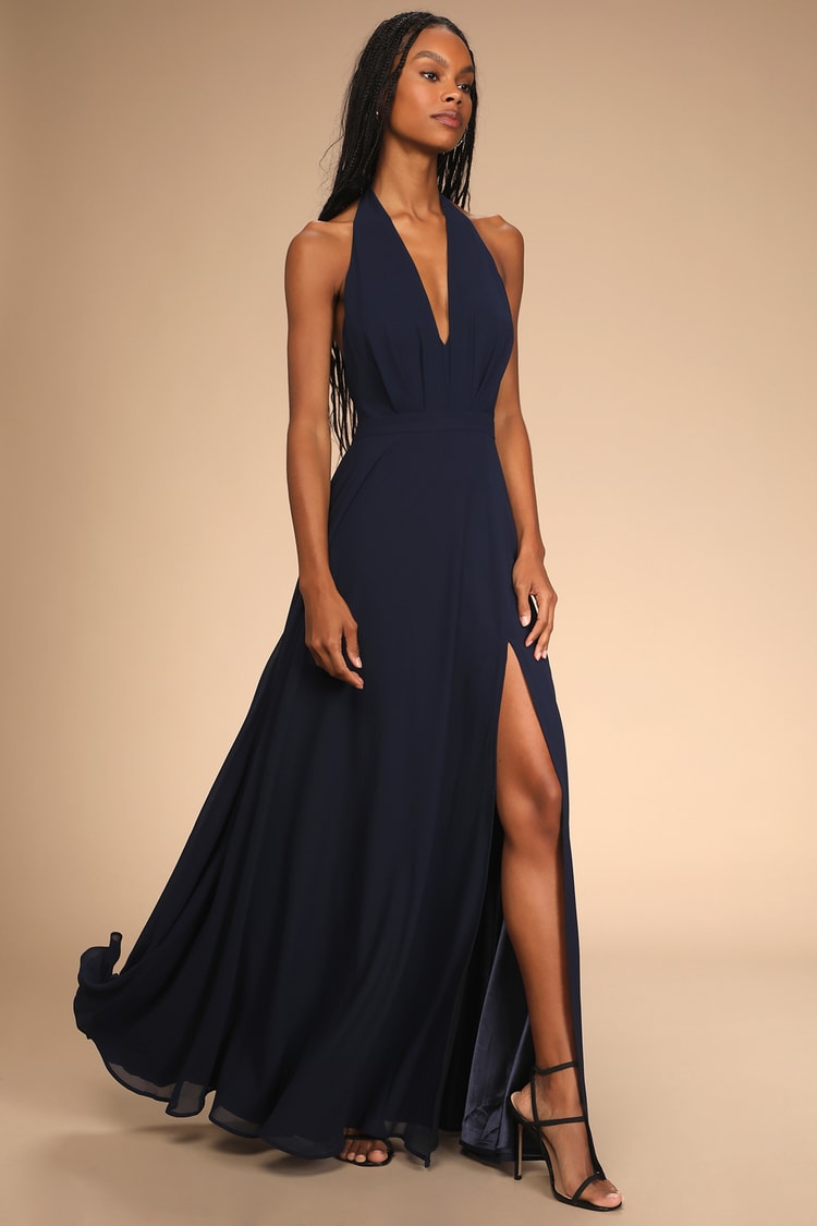 This Very Moment Navy Blue Halter Backless Maxi Dress