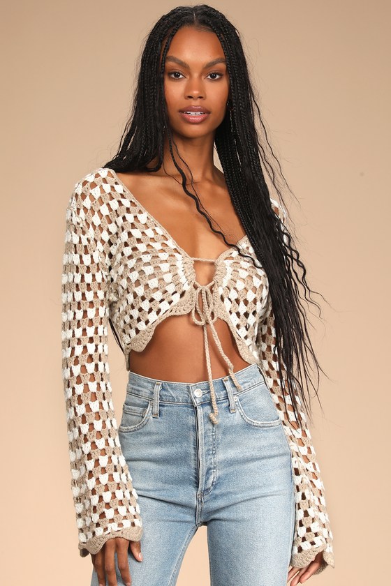 Crochet long sleeve crop top on sale