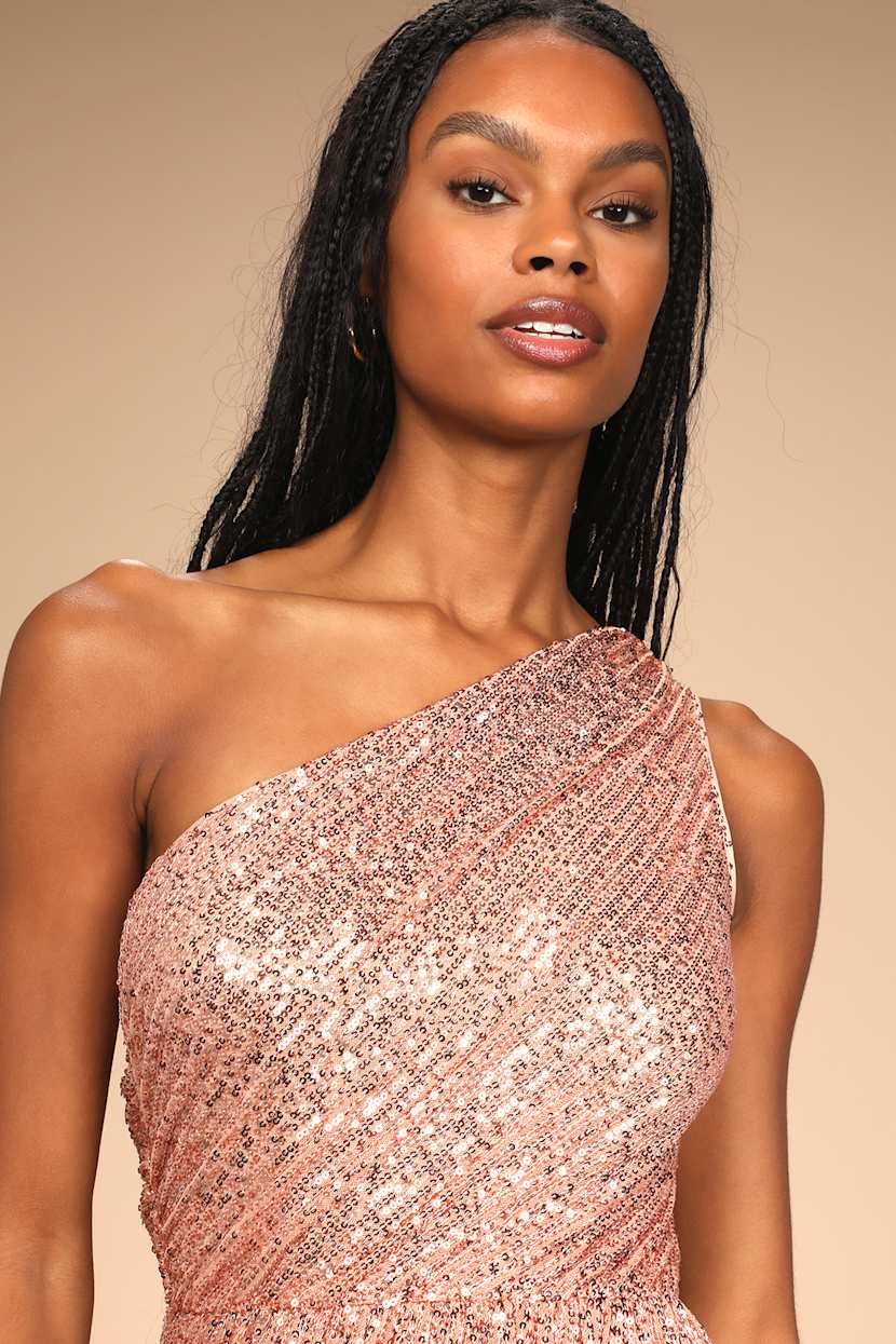 Rose Pink Sequin Dress - One-Shoulder Mini Dress - Tulip Dress