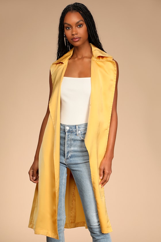 Mustard Yellow Duster Satin Jacket Sleeveless Vest Jacket Lulus