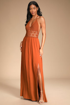 Rust Orange Maxi Dress - Crochet Bodice Dress - Halter Top Dress - Lulus