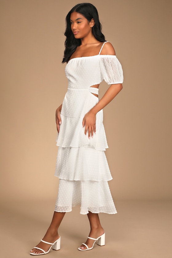 White Midi Dress - Off-the-Shoulder Dress - Tiered Tie-Back Dress - Lulus