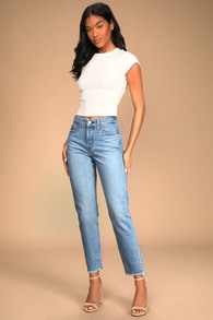 Wedgie Straight Medium Wash High-Rise Distressed Cropped Jeans