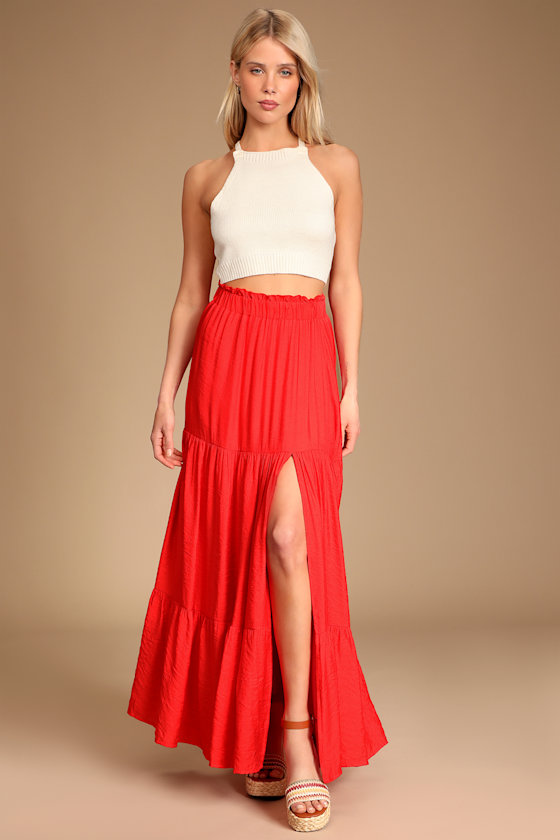 Bright Breezes Red Tiered Maxi Skirt 5