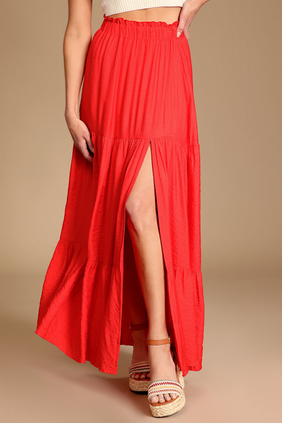 Bright Breezes Red Tiered Maxi Skirt 4
