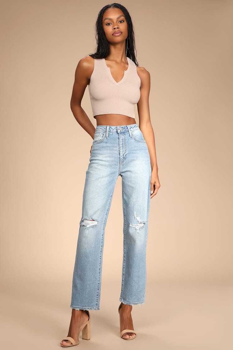 Just Black - High Rise Dad Jeans - Light Wash Distressed Jeans - Lulus