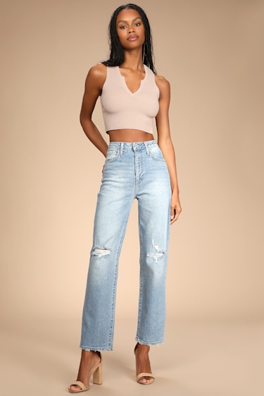 Just Black High-Rise Dad Jeans Light Wash Distressed Jeans Lulus