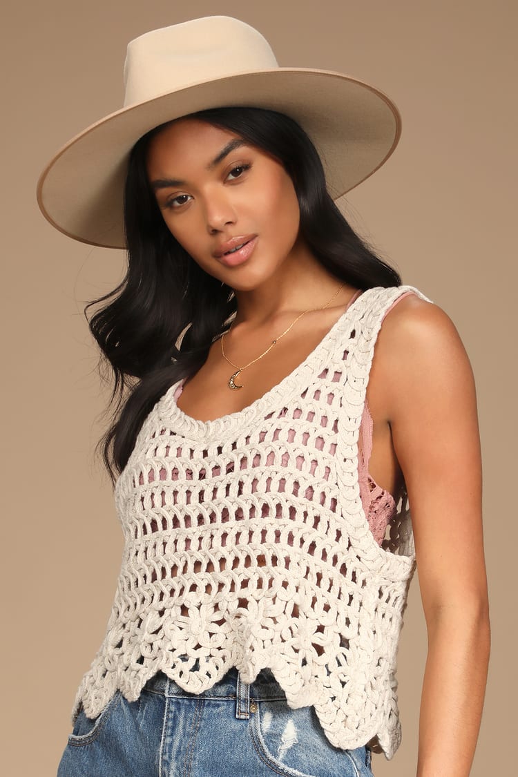 Beige Crochet Tank Top - Loose Knit Sweater - -