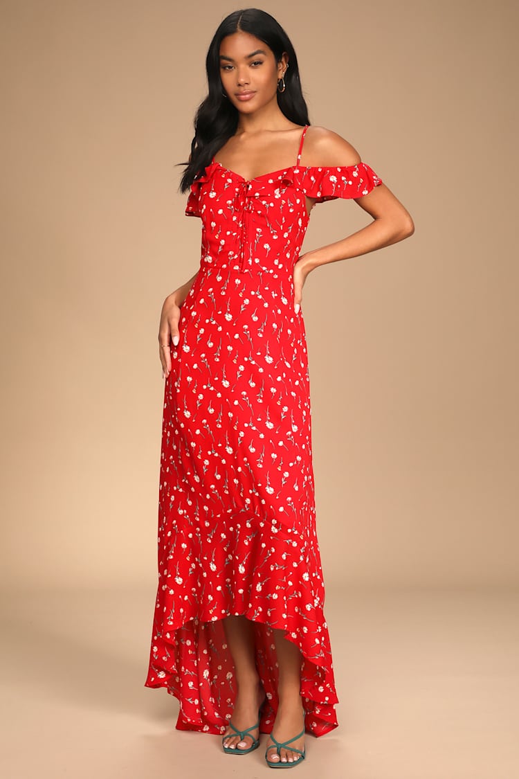 fitted lace wedding dress RED OFF SHOULDER COTTON MAXI main image 1