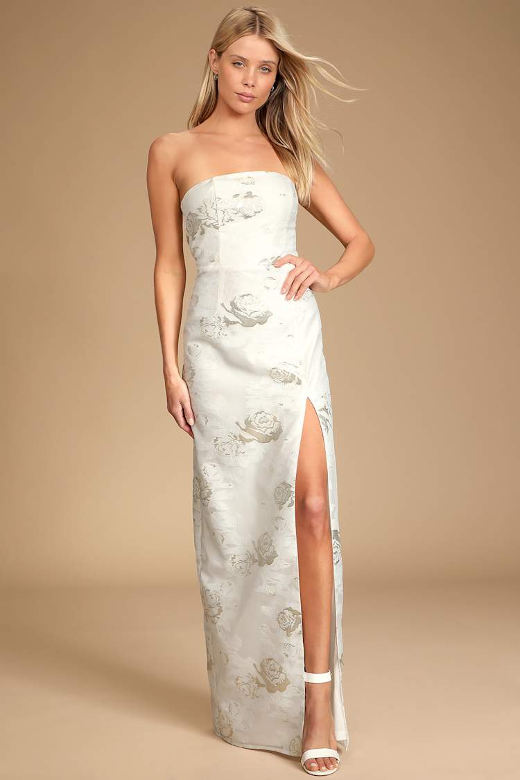 White Floral Jacquard Dress - Strapless Maxi Dress - Bridal Dress  