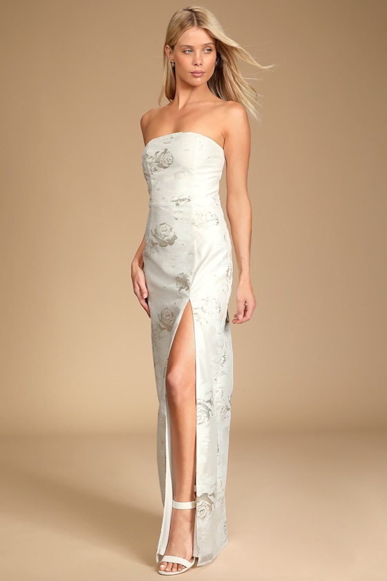 White Floral Jacquard Dress - Strapless Maxi Dress - Bridal