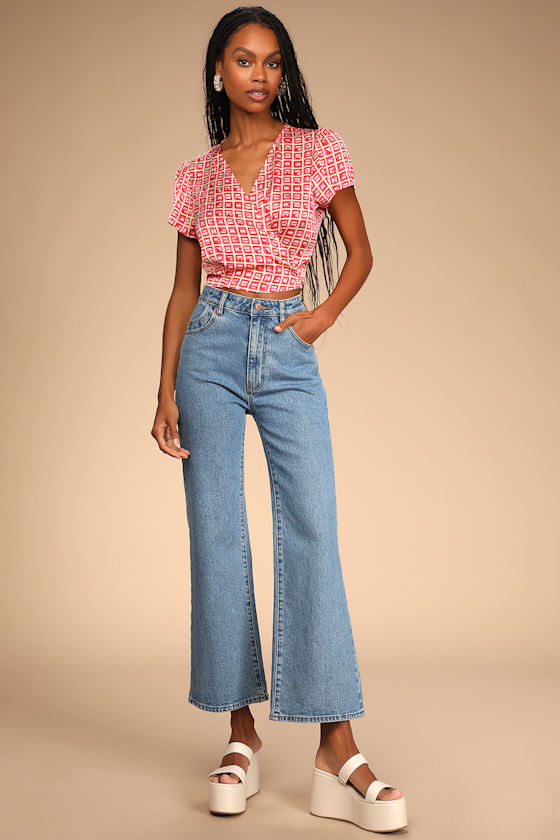 Shape of You Red Multi Print Satin Short Sleeve Wrap Top 4