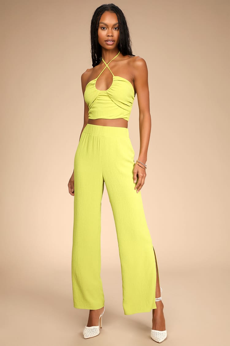 High Waist Slant Pockets Wide Leg Pants  Lime green pants, Green wide leg pants  outfit, Green pants outfit