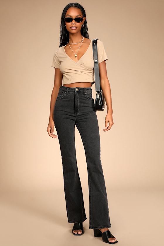 Casual Trends Beige Ribbed Short Sleeve Surplice Crop Top 5