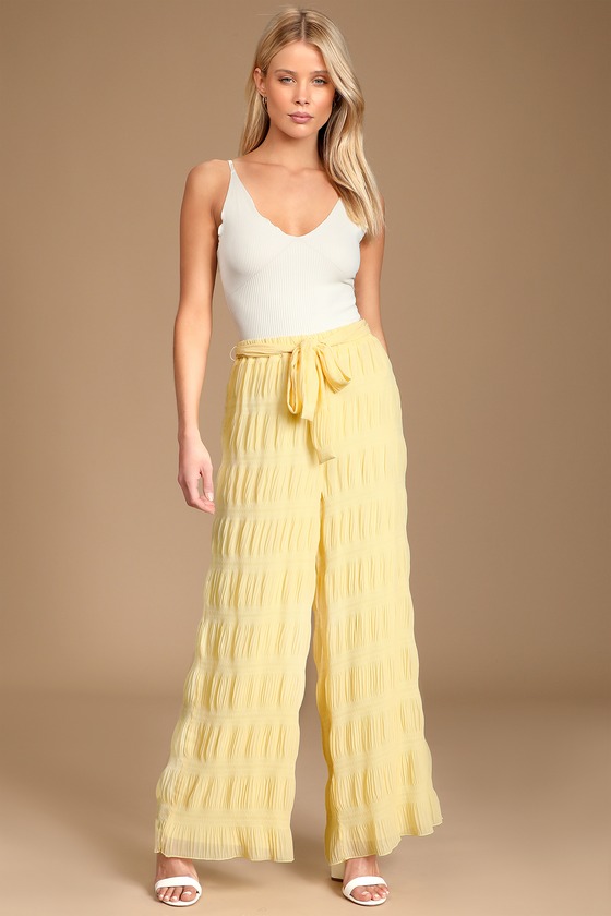 Light Yellow Crinkled Pants - Wide-Leg Pants - Big Chiffon