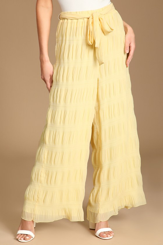 Light Yellow Crinkled Pants - Wide-Leg Pants - Big Chiffon