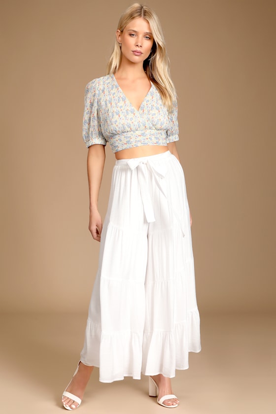 At The Villa White Tiered Belted High-Waist Wide-Leg Pants 3