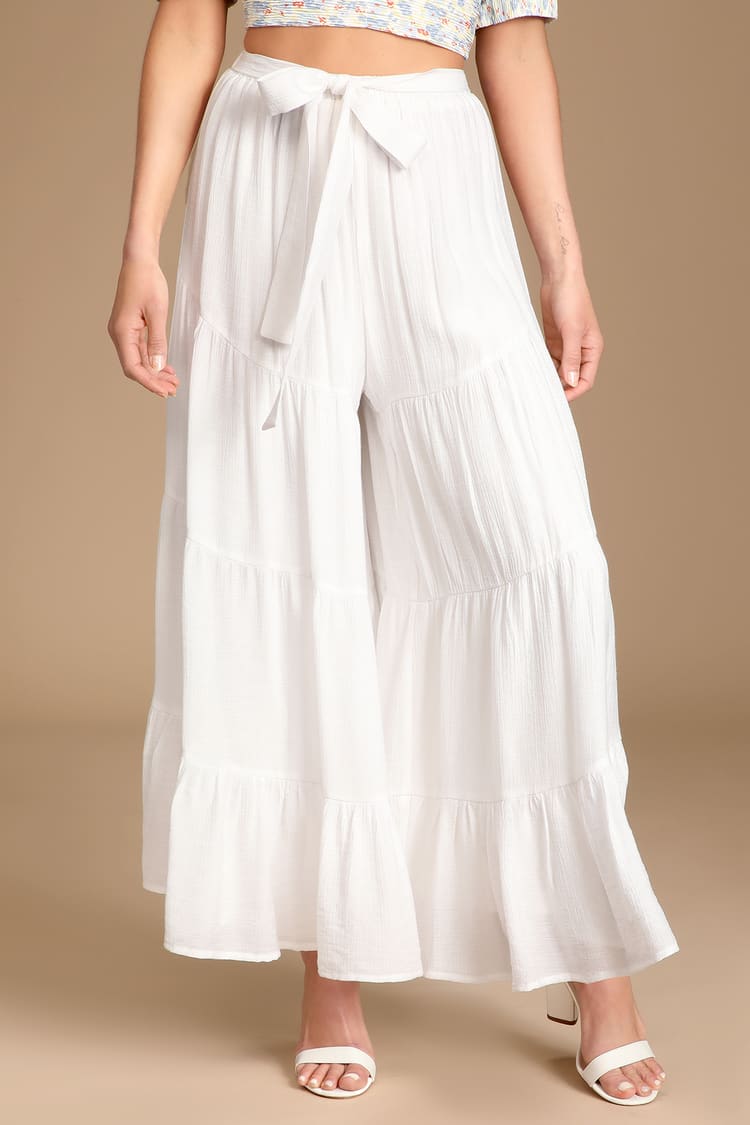 At The Villa White Tiered Belted High-Waist Wide-Leg Pants