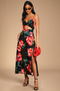 Tropical Blooms Black Floral Print Tie-Back Cutout Maxi Dress