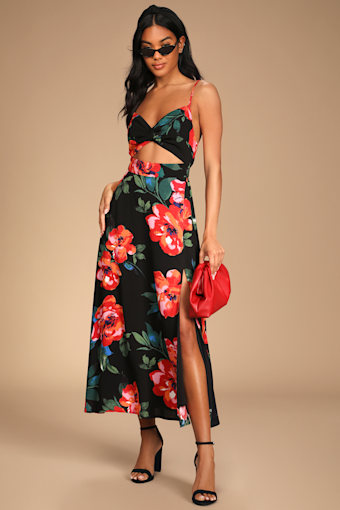 Tropical Blooms Black Floral Print Tie-Back Cutout Maxi Dress 5