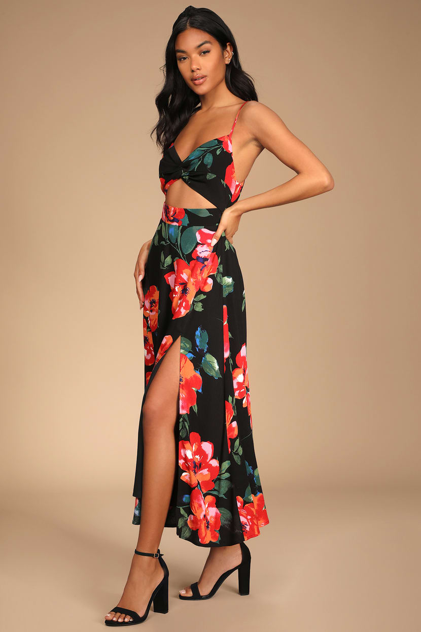 Tropical Blooms Black Floral Print Tie-Back Cutout Maxi Dress