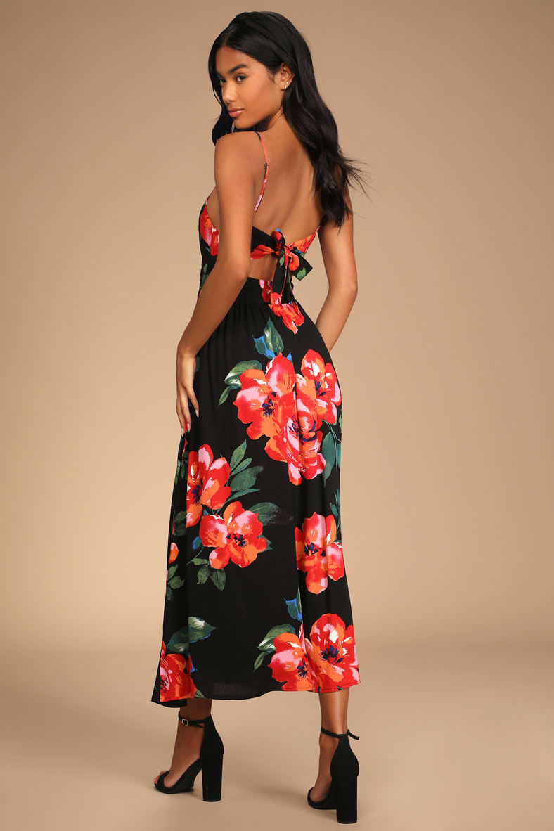 Tropical Blooms Black Floral Print Tie-Back Cutout Maxi Dress