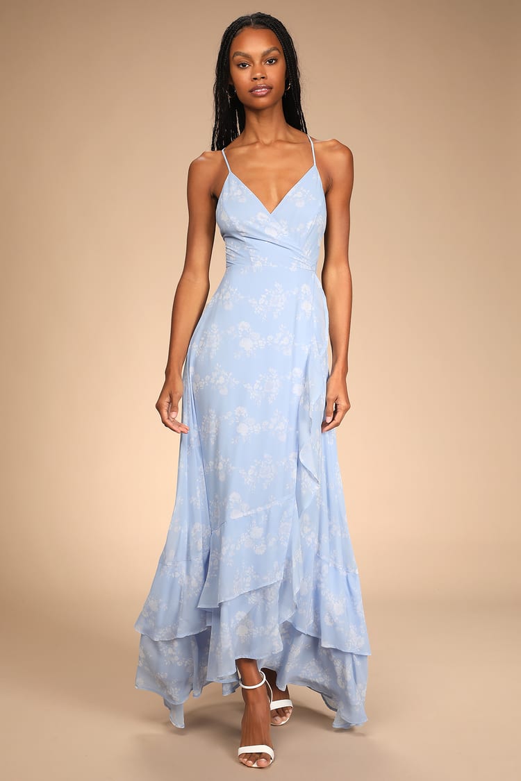 Light Blue Wrap Maxi Dress - Lace-Up Dress - Ruffle Maxi Dress - Lulus