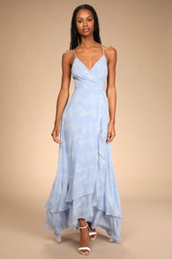 In Love Forever Light Blue Floral Lace-Up High-Low Maxi Dress