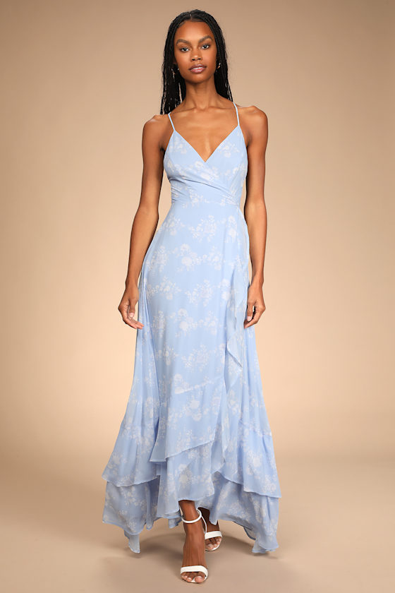 In Love Forever Light Blue Floral Lace-Up High-Low Maxi Dress 4